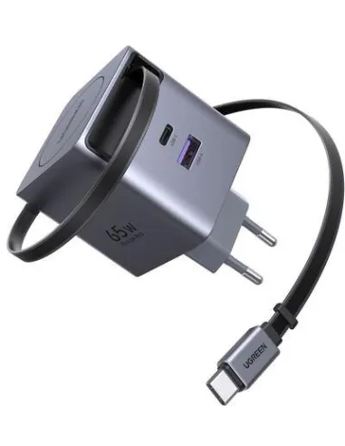 UGREEN 65825 Cargador Rápido Gan 65W 1C1A con Cable USB-C Retráctil Negro
