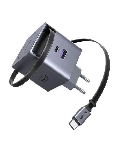 UGREEN 65825 Cargador Rápido Gan 65W 1C1A con Cable USB-C Retráctil Negro