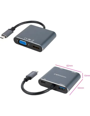 Nanocable 10.16.4304 Conversor USB-C a HDMI/VGA/USB 3.0/PD 15cm Gris