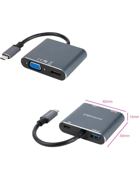 Nanocable 10.16.4304 Conversor USB-C a HDMI/VGA/USB 3.0/PD 15cm Gris