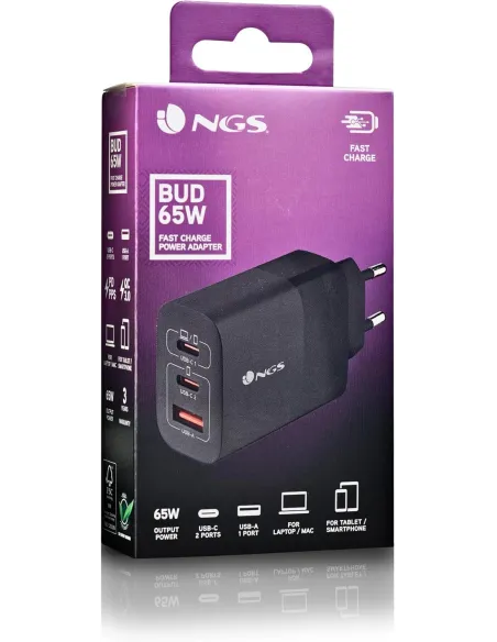 NGS BUD 65W: cargador GaN 65W 2 USB-C + USB-A