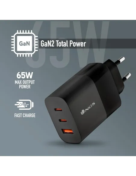 NGS BUD 65W: cargador GaN 65W 2 USB-C + USB-A