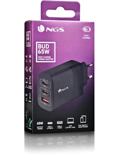 NGS BUD 65W: cargador GaN 65W 2 USB-C + USB-A