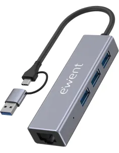 EWENT EW1159 HUB USB-A 3.2 Gen 1 de 3 puertos con Ethernet Gigabit compatible con USB-C y USB-A-NADACA0303