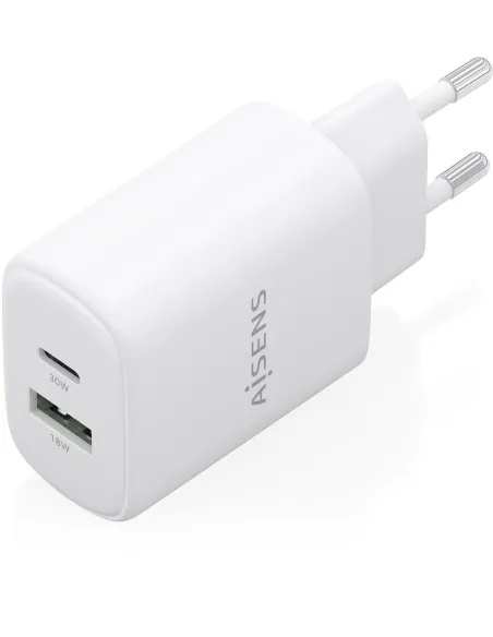 AISENS A110-0977 Cargador GaN 30 W 2x Puertos USB-C PD 3.0 + USB-A QC 3.0 Blanco