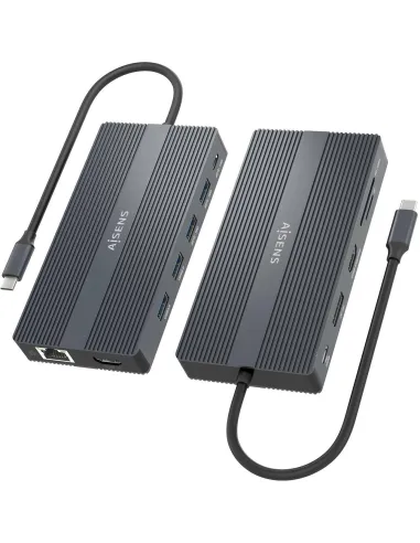 Aisens ASUC-12P017-GR Docking Station 12 En 1 USB-C a 2xHDMI/1xDisplayport/1xRJ45/4xUSB-A/1xUSB-C/1xUSB-C/1xSD/1xMicro SD Gris