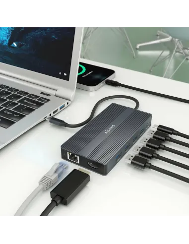 Aisens ASUC-12P017-GR Docking Station 12 En 1 USB-C a 2xHDMI/1xDisplayport/1xRJ45/4xUSB-A/1xUSB-C/1xUSB-C/1xSD/1xMicro SD Gris