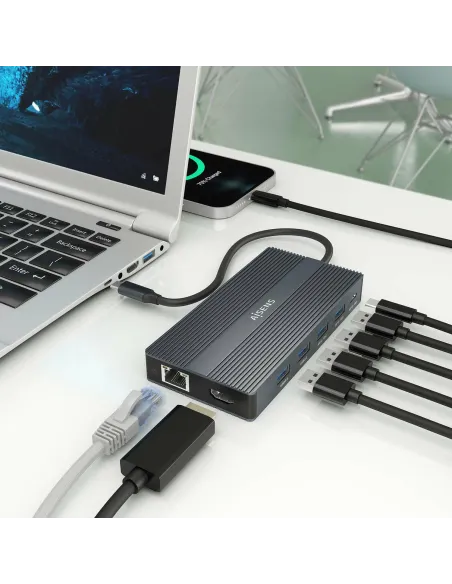Aisens ASUC-12P017-GR Docking Station 12 En 1 USB-C a 2xHDMI/1xDisplayport/1xRJ45/4xUSB-A/1xUSB-C/1xUSB-C/1xSD/1xMicro SD Gris