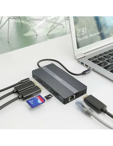 Aisens ASUC-12P017-GR Docking Station 12 En 1 USB-C a 2xHDMI/1xDisplayport/1xRJ45/4xUSB-A/1xUSB-C/1xUSB-C/1xSD/1xMicro SD Gris