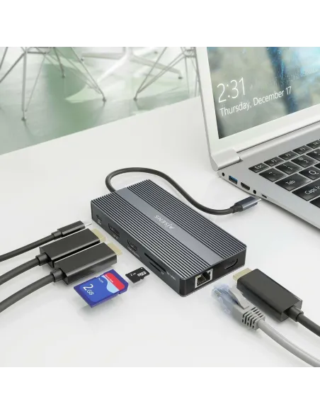 Aisens ASUC-12P017-GR Docking Station 12 En 1 USB-C a 2xHDMI/1xDisplayport/1xRJ45/4xUSB-A/1xUSB-C/1xUSB-C/1xSD/1xMicro SD Gris