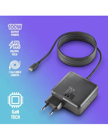 Cargador GaN NGS BUD 100W Negro para portátil y móvil