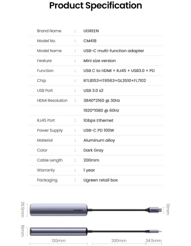 Replicador de puertos USB-C Ugreen 10919 con Ethernet