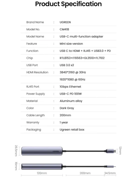 Replicador de puertos USB-C Ugreen 10919 con Ethernet