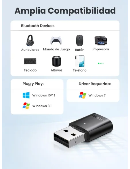 Adaptador USB Bluetooth 5.0 UGREEN 80889 para Windows