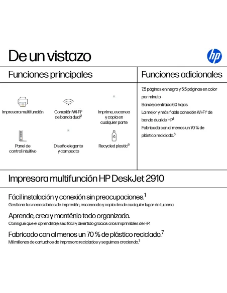 Impresora multifunción HP DeskJet 2910 con Wi-Fi
