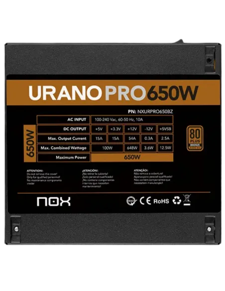 Fuente Nox Urano Pro 650W 80 Plus Bronze Negra