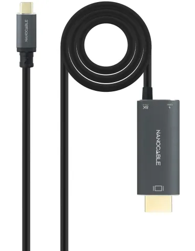 Nanocable 10.15.5182 Cable conversor USB-C a HDMI V2.1 8K 60Hz y USB-C PD 100W, Aluminio, USB-C/M – HDMI/M+USB-C/H, 1.8 m