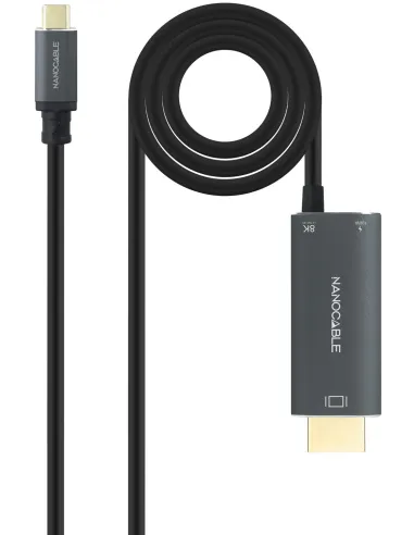Nanocable 10.15.5182 Cable conversor USB-C a HDMI V2.1 8K 60Hz y USB-C PD 100W, Aluminio, USB-C/M – HDMI/M+USB-C/H, 1.8 m