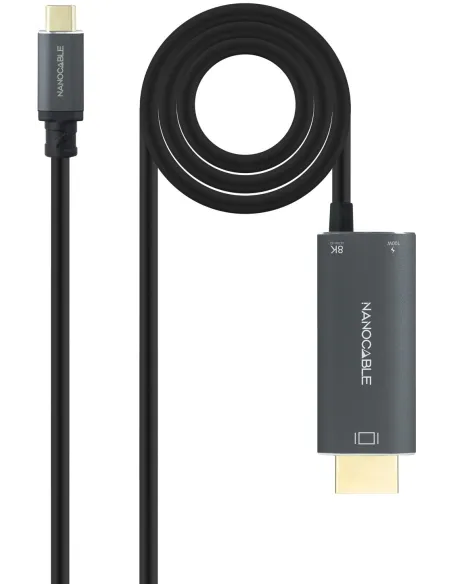 Nanocable 10.15.5182 Cable conversor USB-C a HDMI V2.1 8K 60Hz y USB-C PD 100W, Aluminio, USB-C/M – HDMI/M+USB-C/H, 1.8 m