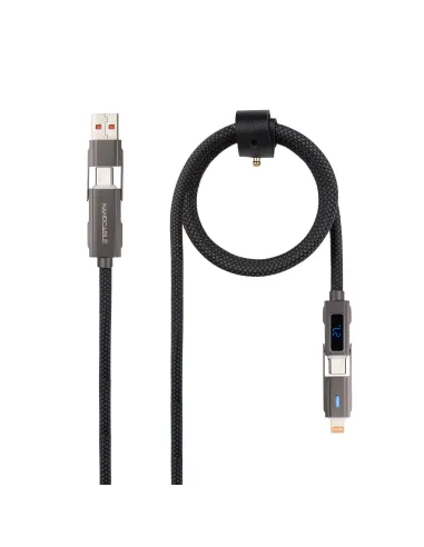 Nanocable 10.01.2501 Cable USB-C 2.0 27W con Display Digital, USB-C+USB-A/M a Lightning+USB-C/M, Negro, 1 m