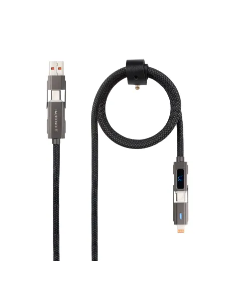 Nanocable 10.01.2501 Cable USB-C 2.0 27W con Display Digital, USB-C+USB-A/M a Lightning+USB-C/M, Negro, 1 m