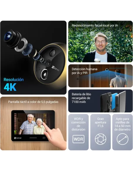 Mirilla digital EZVIZ EP4 Golden 4K con pantalla Táctil