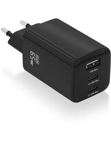AISENS ASCH-65W3P042-BK Cargador GaN 65W (2x USB-C PD 3.0 + 1x USB-A) Negro