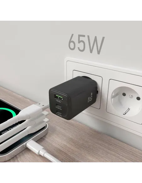 Cargador GaN 65W AISENS ASCH-65W3P042-BK de 3 puertos
