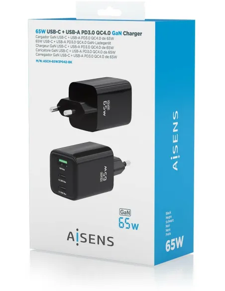 Cargador GaN 65W AISENS ASCH-65W3P042-BK de 3 puertos
