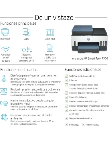 Impresora HP Smart Tank 7306 depósito, dúplex y ADF 35 hojas