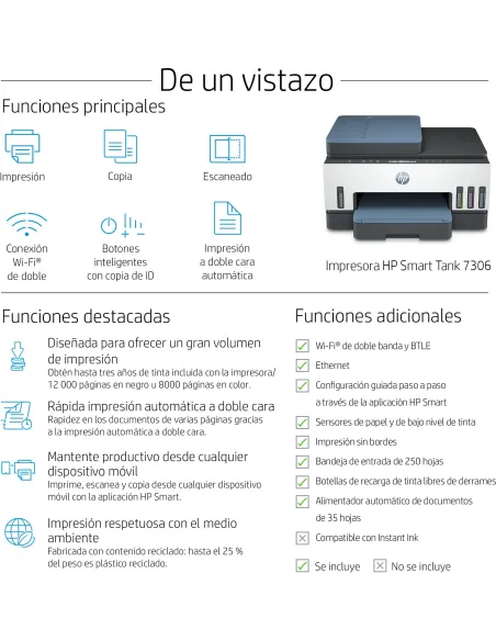 Impresora HP Smart Tank 7306 depósito, dúplex y ADF 35 hojas