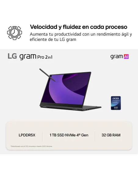Portátil LG Gram Pro 2-en-1 16T90TP-K.AD88B y W11 Home