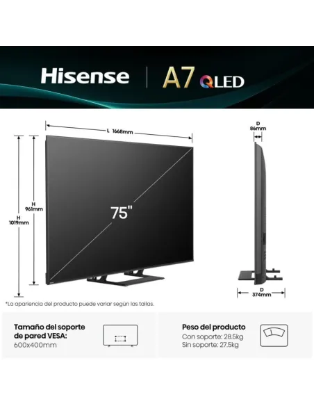 Televisor Hisense 75A7Q: 75" 4K QLED con Dolby Vision