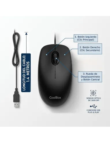 Ratón USB con cable CoolBox U01 1600 DPI negro