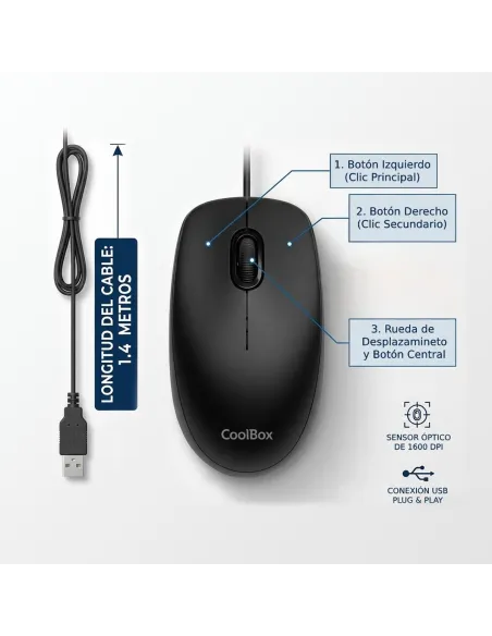 Ratón USB con cable CoolBox U01 1600 DPI negro