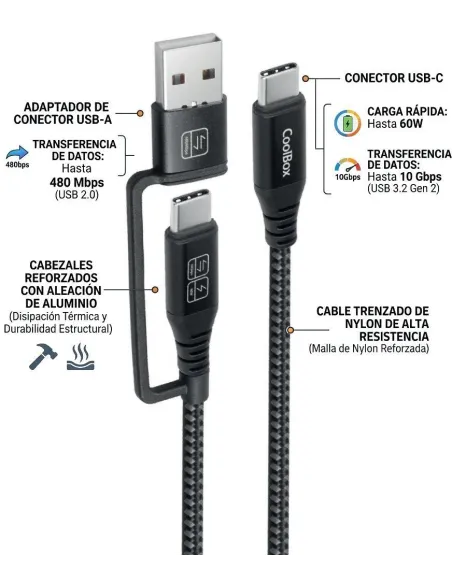 Cable USB-C con adaptador USB-A CoolBox COO-CAB-UAC-60W