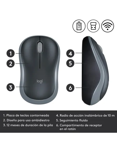 Ratón inalámbrico Logitech M185 gris conexion USB