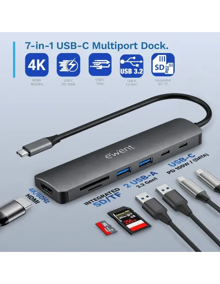 Ewent EW1152: hub USB-C 7 en 1 con HDMI 4K 60