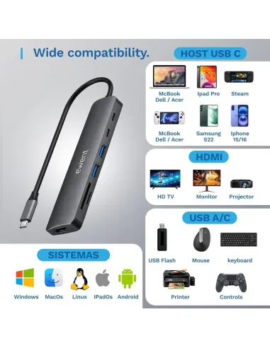 Ewent EW1152: hub USB-C 7 en 1 con HDMI 4K 60