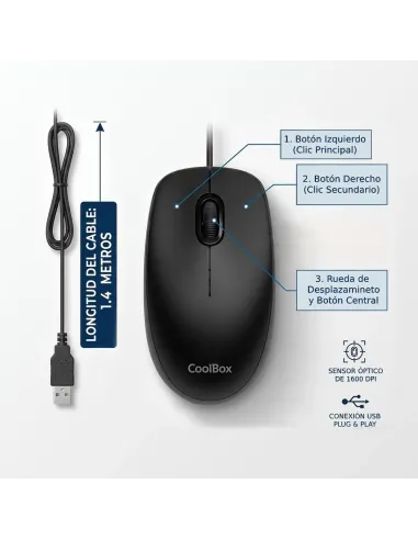 Ratón USB con cable CoolBox U01 1600 DPI negro