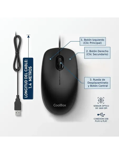 Ratón USB con cable CoolBox U01 1600 DPI negro