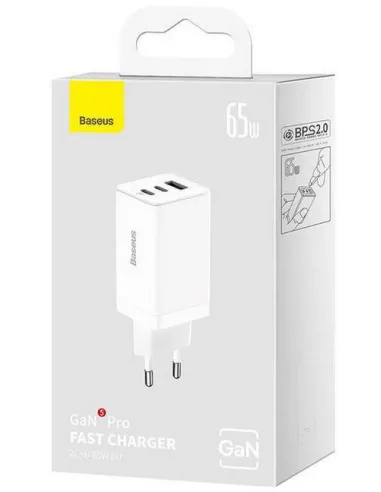 Cargador Baseus GaN5 Pro 65W Blanco 2 USB-C y USB-A PD GaN