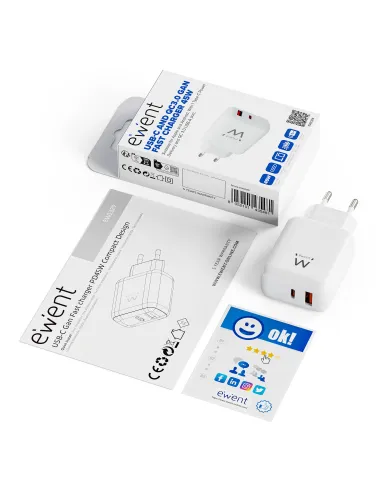 Ewent EW1329: cargador GaN 45W USB-C PD y USB-A oficina