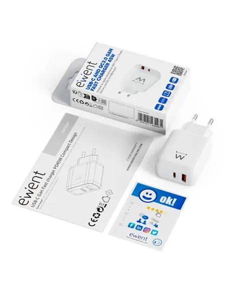 Ewent EW1329: cargador GaN 45W USB-C PD y USB-A oficina