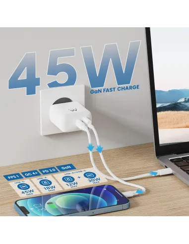 Ewent EW1329: cargador GaN 45W USB-C PD y USB-A oficina