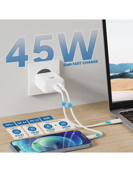 Ewent EW1329: cargador GaN 45W USB-C PD y USB-A oficina