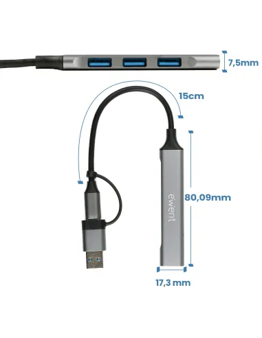 Ewent EW1154: hub USB-C a 4 USB-A, aluminio 5 Gbps
