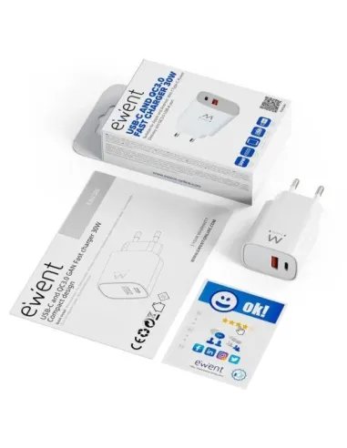 Ewent EW1326 cargador GaN 30W USB-C PD PPS USB-A QC3