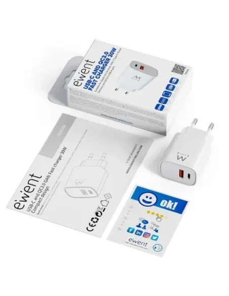 Ewent EW1326 cargador GaN 30W USB-C PD PPS USB-A QC3