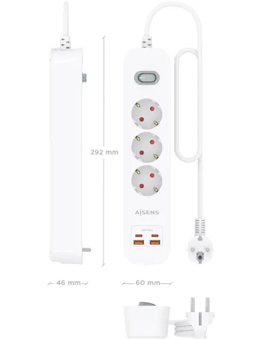 Aisens ASPS-2A2C10-W regleta de tomas 3 Schuko USB-C PD 20W